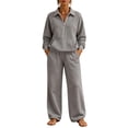 thumbnail image 3 of Mfakffe Womens 2‑Piece Casual Outfit Half‑Zip Collared Top and Wide Leg Pants Set Loose Relaxed Matching Tracksuit for Daily Wear, 3 of 6