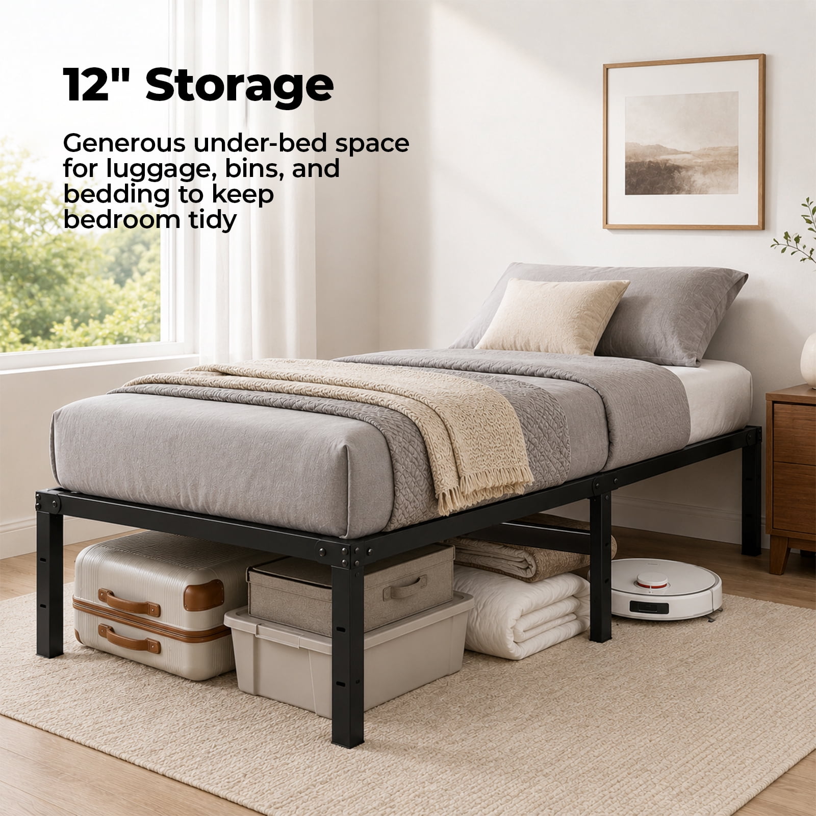 Alvantor Metal Bed Frame 16 Inch Tall, Heavy Duty Sturdy Mattress Foundation, No Box Spring Needed, Easy to Assemble, Under-bed Storage Space, Black
