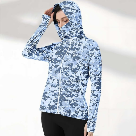 QUNYINEY Lightweight Jacket Women Hooded Camouflage Casual Zip Up Coats Sun Protection Loose with Pockets Thumb Holes Jacket