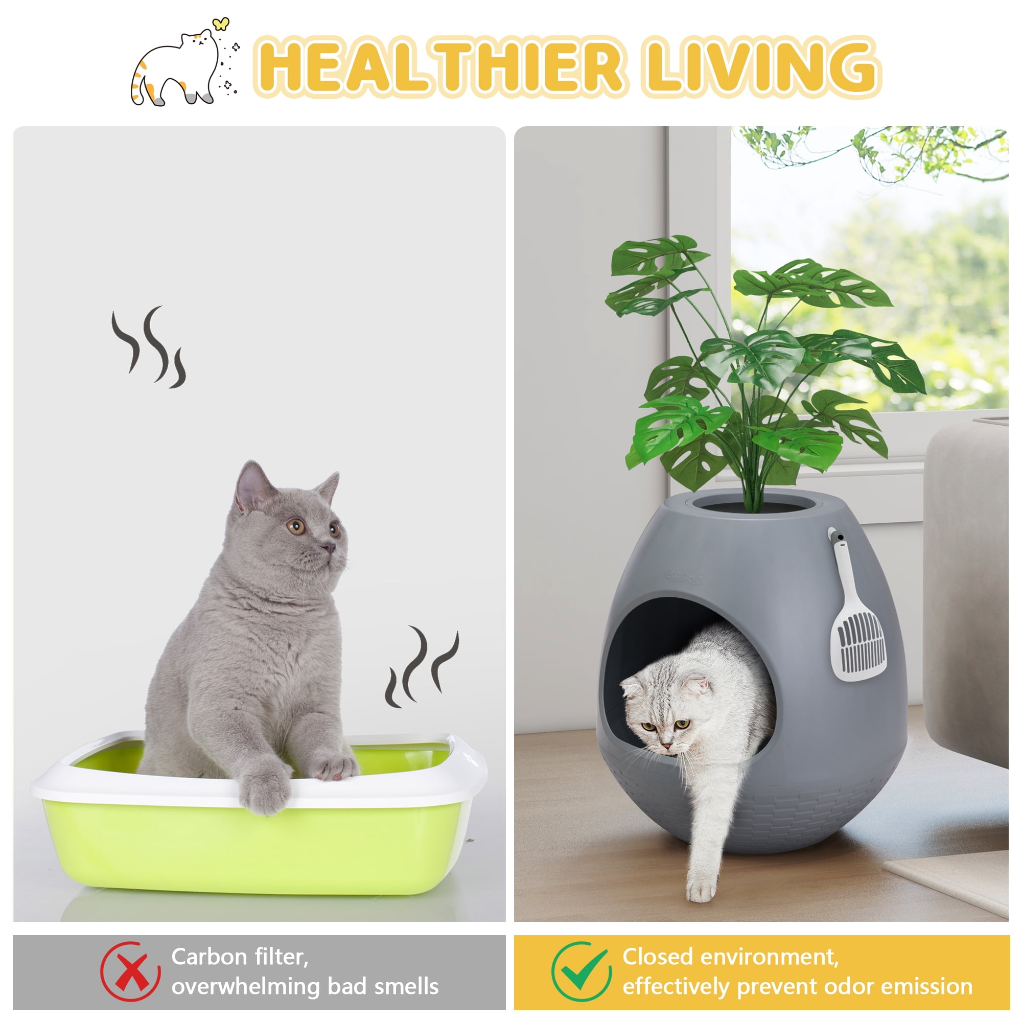 Eggloa6 Cat Plant Litter Box Set With Artificial Plants, Attached Scoop, Replaceable Litter Box Liners, Hidden Cat Litter Box Furniture, Gray