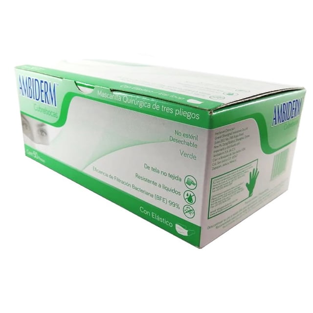 Mascarilla Quirúrgica AMBIDERM 3 Pliegos Caja C/50 Verde