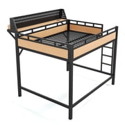 Queen Size Loft Bed with Storage Shelves and Pegboard, Metal Loft Bed Frame with USB Ports and LED Lights, Safe and Sturdy