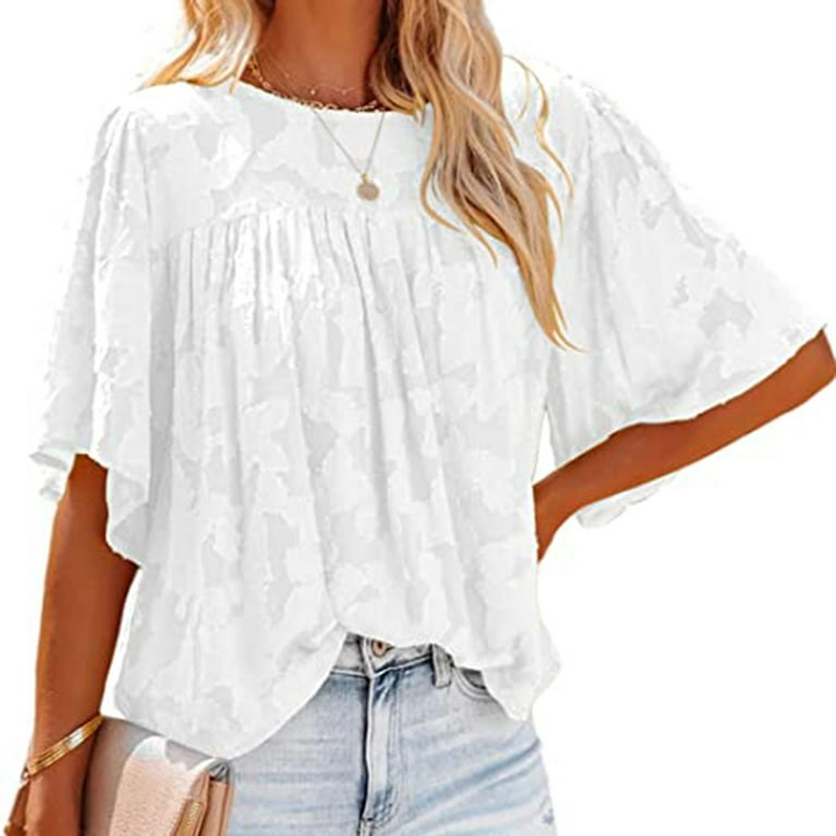 Gaecuw Tops for Evening Wear Plus Size Blouses Short Sleeve T Shirts Regular Fit Tees T-Shirts Textured Crew Neck Blouses T Shirts Lace Pullover Tops Summer Tees Tops -