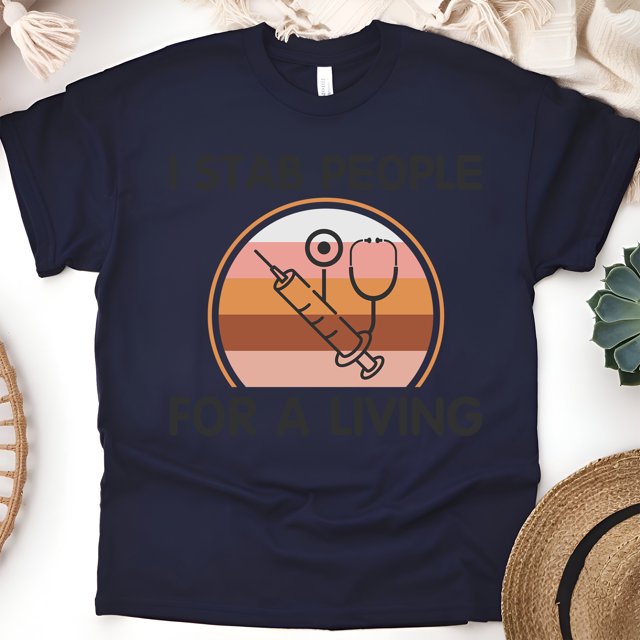Funny Nurse Graphic T-Shirt with Syringe and Stethoscope Design, Navy, Size M