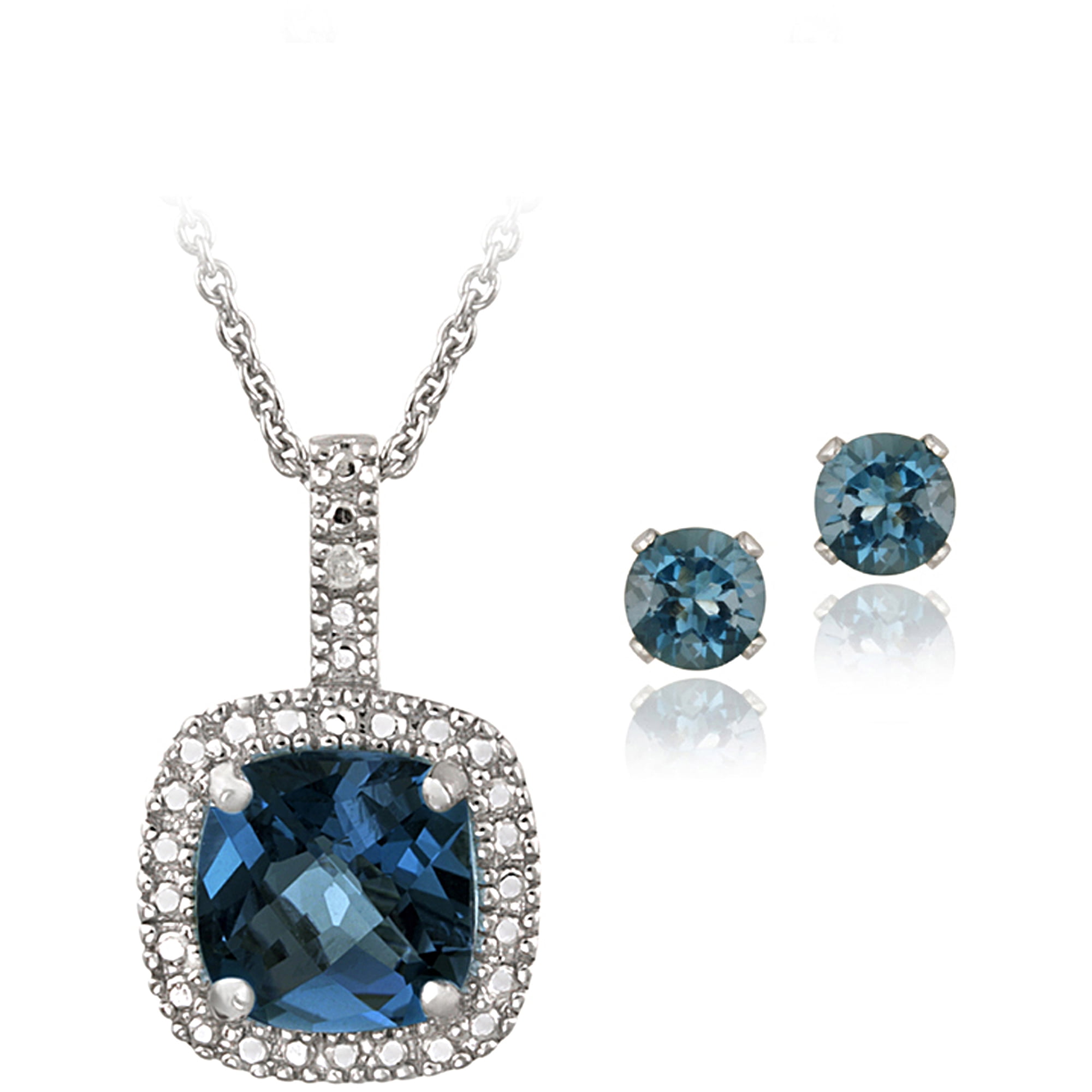 4 Carat T G W London Blue Topaz And Diamond Accent Sterling Silver Square Necklace Earrings Set