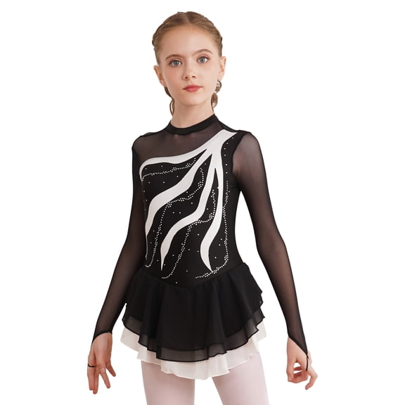 Raenseen Figure Ice Skating Dress for Girls Mesh Long Sleeve Sparkly Rhinestones Gymnastics Leotard Ballet Dance Outfit White 10