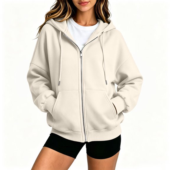 Hearthz Women Zip Up Hoodie Jacket Solid Color Drop Shoulder Womens Hoodies Zip Up Fall Winter Warm Sweatshirts for Women Trendy with Pocket Beige S