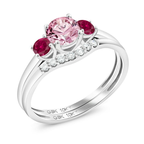 Gem Stone King 10K White Gold Pink Lab Grown Diamond and Red Created Ruby and Lab Grown Diamond Bridal-Sets Ring for Women | 0.84 Cttw | Round 5MM | Gemstone April Birthstone | Size 9