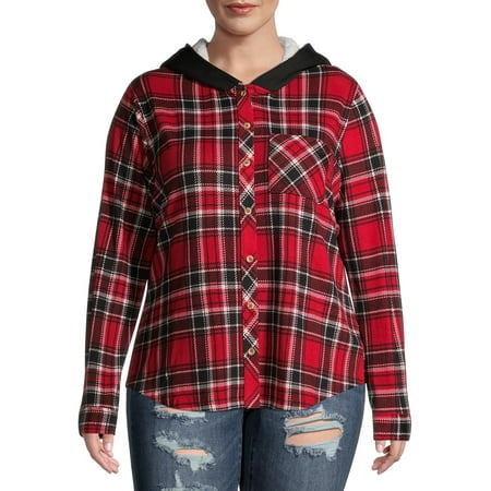 No Boundaries Printed Hacci Plaid Hoodie (Juniors' Plus) 1 Pack