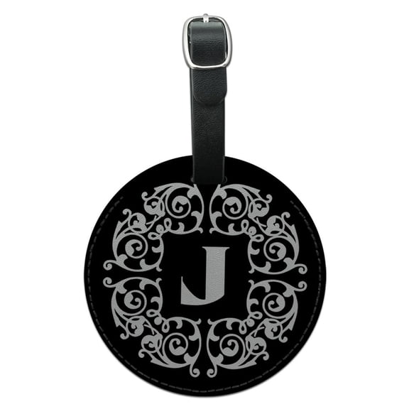 Graphics and More Letter J Initial Black White Scrolls Round Leather Luggage ID Bag Tag Suitcase