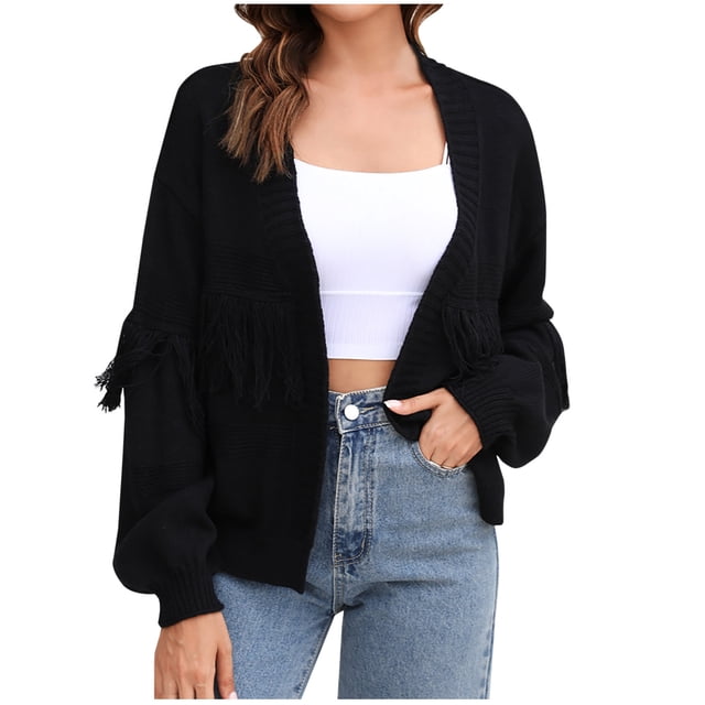 AherBiu Cardigan Sweaters for Women Ribble Knit Fringe Tassels Jackets Open Front Fall Clothes