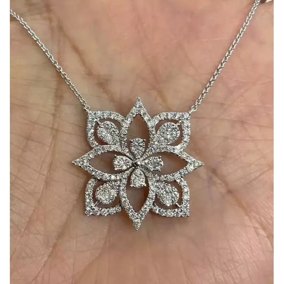 14K White Gold Plated 2Ct Round Cut Lab Created Diamond Women's Flower Necklace