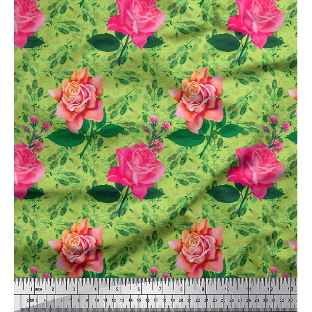 Soimoi Tissu en Rayonne Vert Imprimé Feuilles & Roses au Mètre 42 Pouces de Large