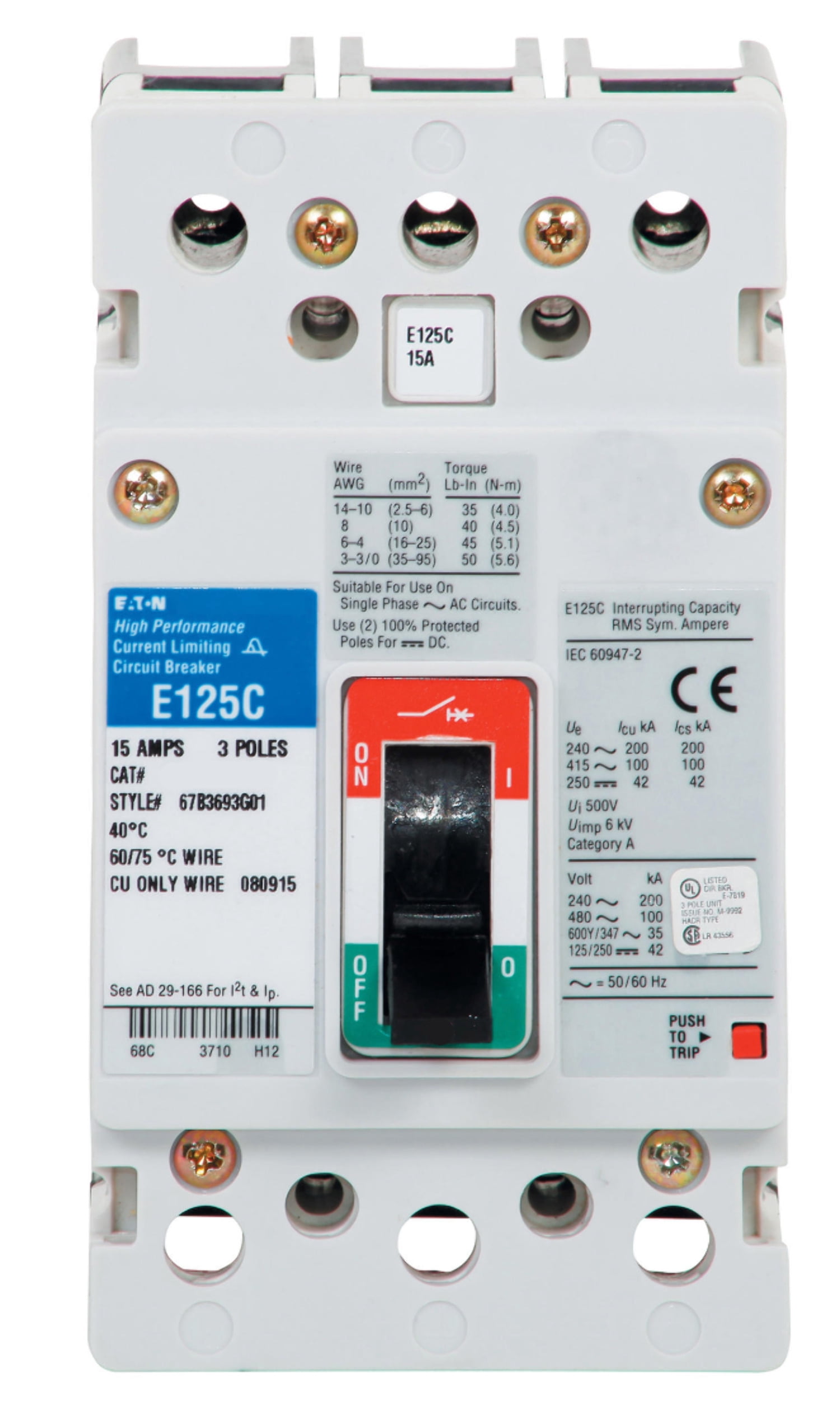 EGB3020AFG - Eaton Feed-Thru 480V 20A 3 pole circuit breaker 18kA@480V