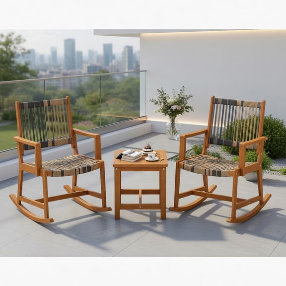 Kadyn 3-Piece Acacia Wood Patio Rocking Set with PE Rattan Seats, Outdoor Bistro Chairs & Compact Side Table for Backyard, Porch, or Poolside