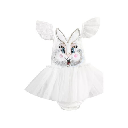 

Suagox Infant Baby Girls Easter Romper Dress Bunny Head Embroidery Fly Sleeve Tulle Skirt Hem Bodysuit Summer One-Piece Clothes 3-24 Months