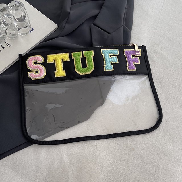 Bolsas de cosméticos transparentes con letras de chenilla para mujer, Bolso de maquillaje de aperitivos de PVC (cosas negras)
