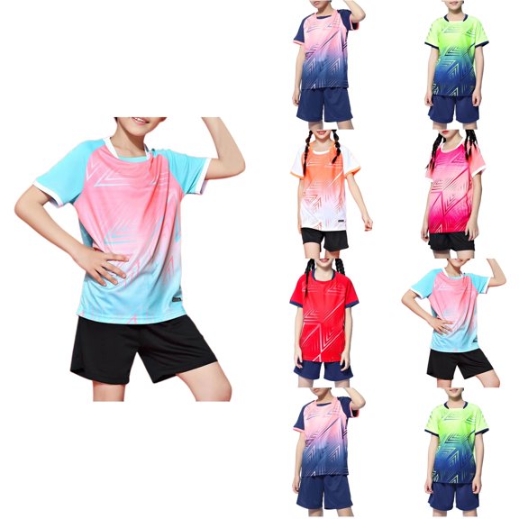 Agkizg 2PC Short Sleeve Training Set Round Neck Top Elastic Waist Shorts Quickly Dry Breathable (Girl's or Girl's Plus),2-Piece Set