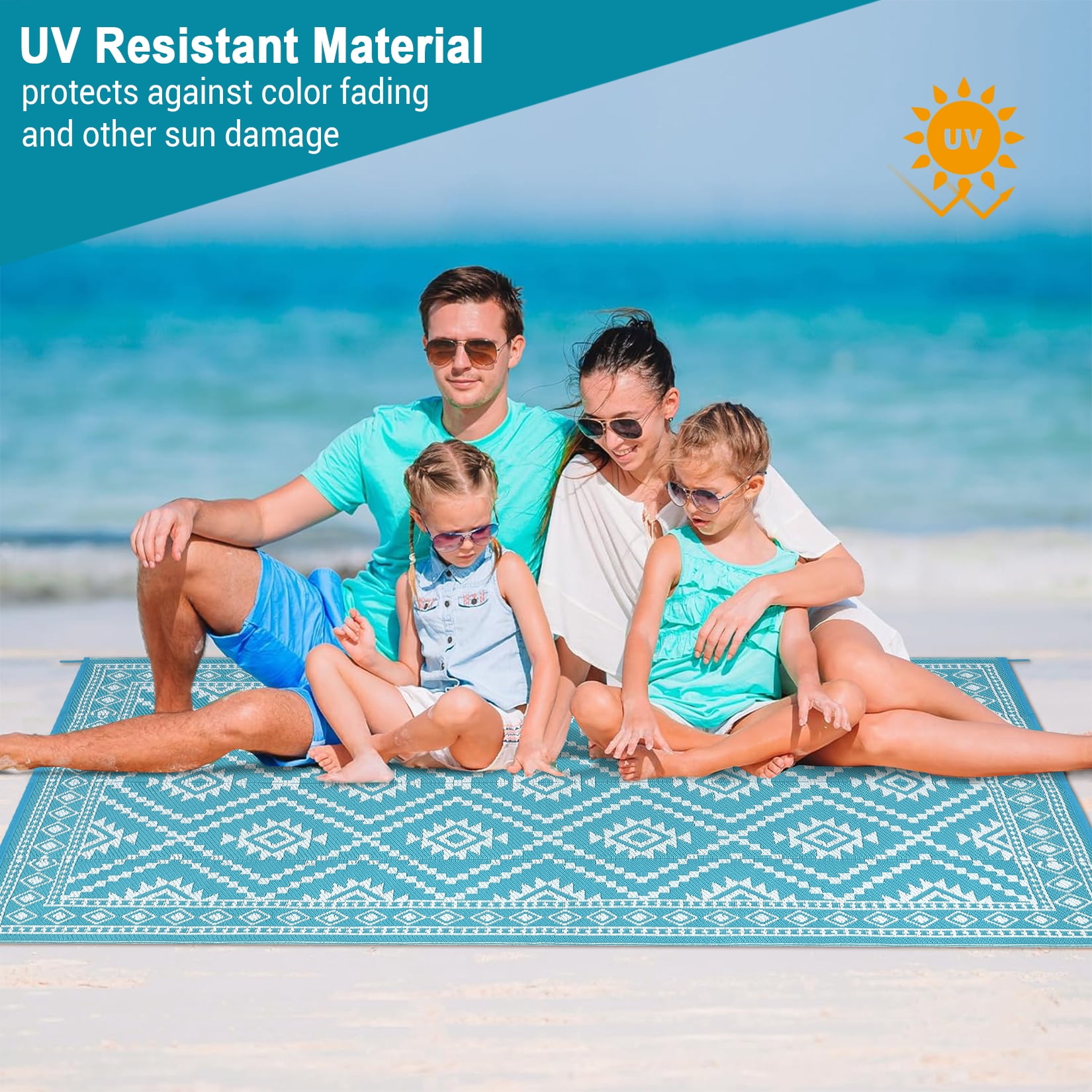 GlowSol 8x10 Outdoor Rug for Picnic Beach Deck-Outdoor Waterproof Patio Rug Indoor Outdoor Boho Geometric Area Rug Reversible Rug, Light Blue/White