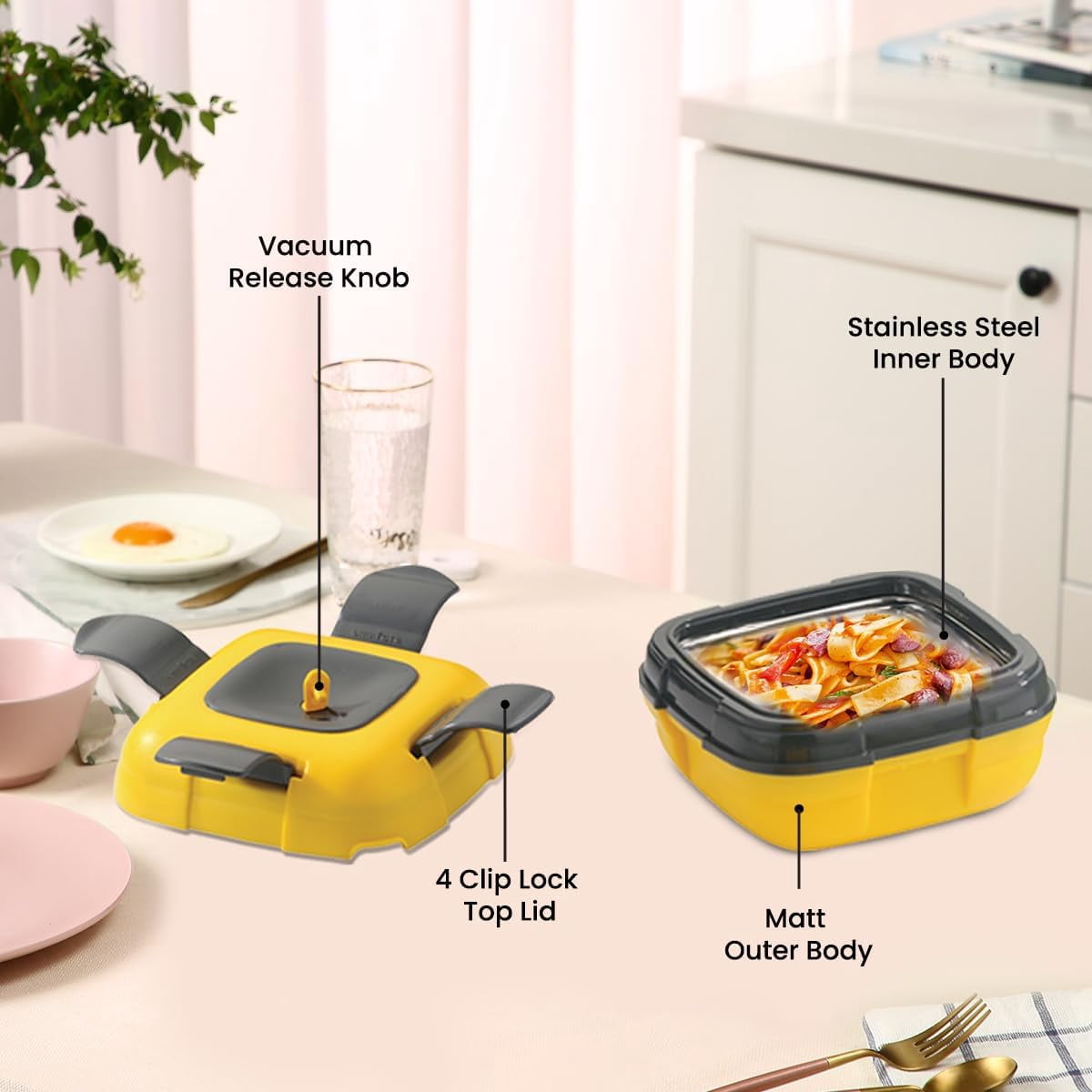 Pinnacle Thermoware 2-Pc Leak Proof Insulated Lunch Box Hot Food Container Set, Yellow