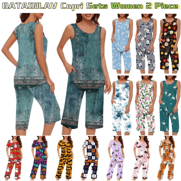 QATAINLAV 2 Piece Sets Women's Summer Sleeveless Pleated Tank and Cropped Pants Lounge Outfits Casual Loose Square Neck Tops Star Print Shorts Pajama Set Black L