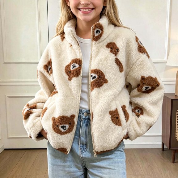 FAHXNVB Girls Fleece Jacket Lapel Collar Zip up Sherpa Coat with Pockets Striped Casual Winter Coat For 2-10 Years