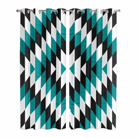 Turquoise Aztec Kitchen Curtains 84 Inch Length, Black White Southwest Vintage Geometric Grommet Top Bedroom Living Room Curtains, Light Filtering Cafe Curtain Drapes 2 Panels Set 84''x84''