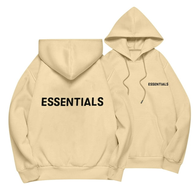 Pullover Hooded Sweatshirt with Front and Back Essentials Letter Print Casual Loose Fit Long Sleeve Design Beige 3XL