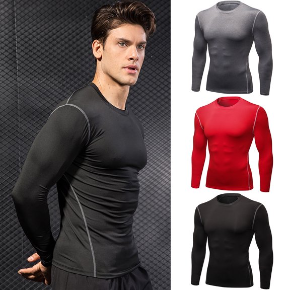 FRSASU Men's Compression Shirt Long Sleeve Athletic Workout T-Shirts Top Active Sport Baselayer Quick Dry Undershirt Red