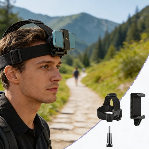 huayou Head Mounted Phone and Camera Holder, Adjustable Head Strap with Clip for First Person View, Hands Free Support for Cycling Hiking and Outdoor Filming