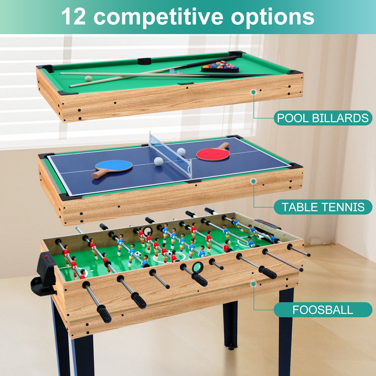 Rioloiuy 12-in-1 Combo Game Table Set for Home, Multi-Game Table for Adults Kids with Hockey, Foosball, Pool, Shuffleboard, Ping Pong, Chess, Checkers, Bowling, and Backgammon
