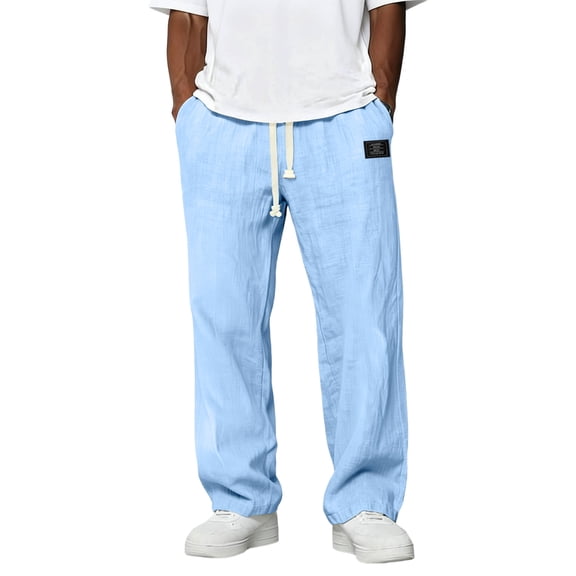 Fabrcox Mens Linen Pants Baggy Wide Leg Men's Summer Pants Beach Vacation Yoga Lightweight Drawstring Big and Tall Men's Lounge Pants with Pockets Blue L