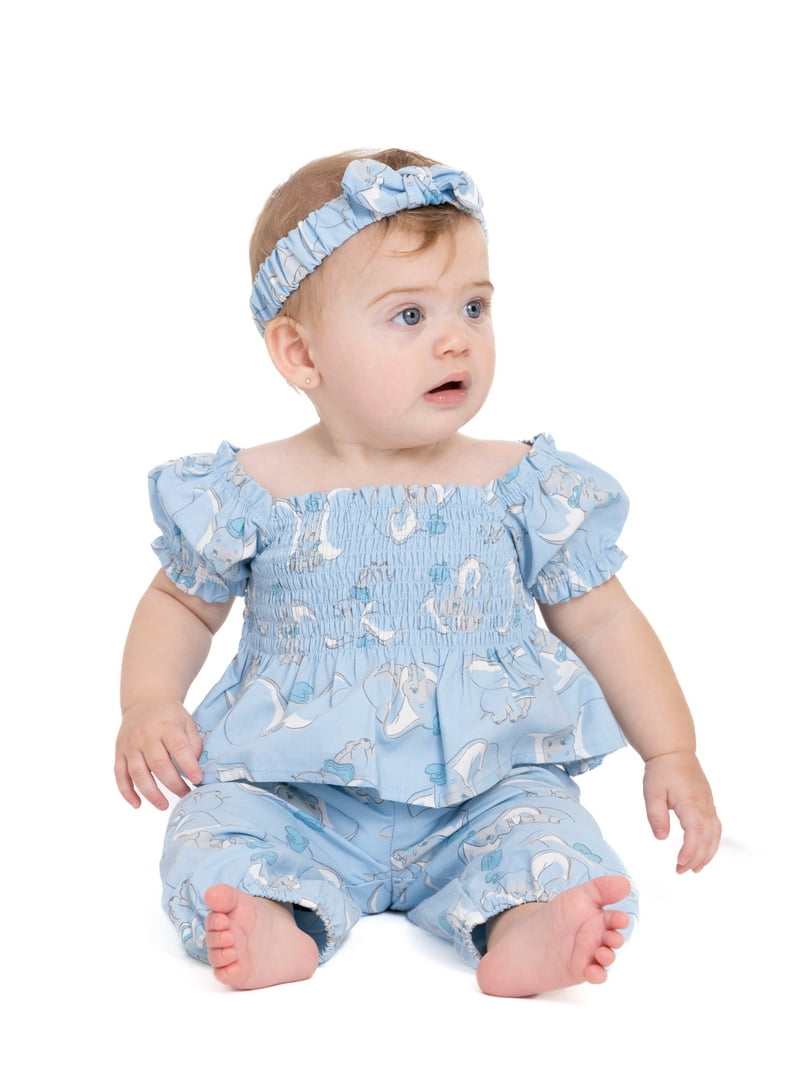 Dumbo Baby Girl Smocked Top and Pants Outfit Set with Headband