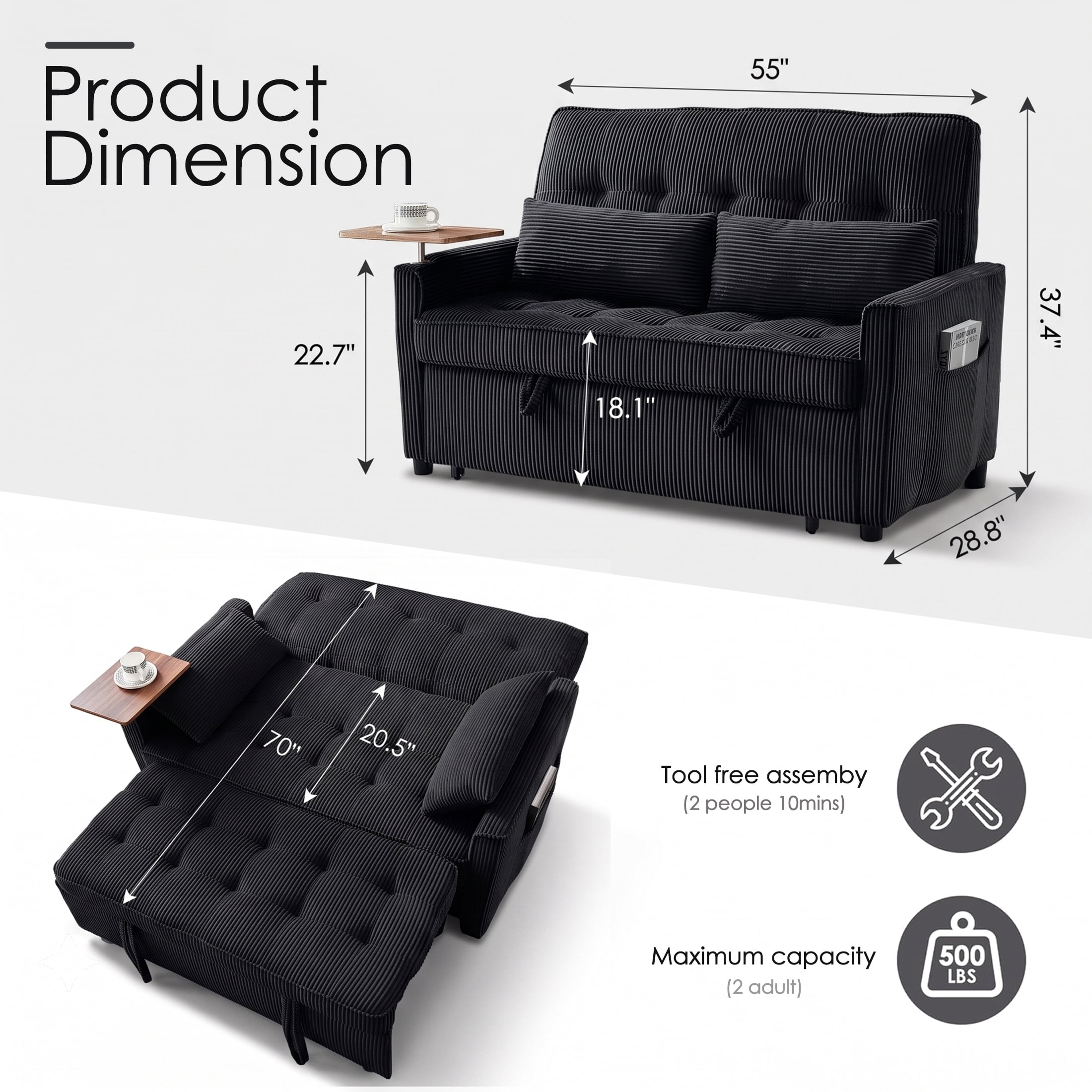 AISWORD 55" 3-in-1 Convertible Sleeper Sofa Bed, Pull Out Loveseat Couch with Side Tray Table & USB Charging Port, Adjustable Backrest Sofa for Apartment, Bedroom, Office, Black