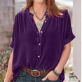 thumbnail image 2 of Savings Women's V Neck Button Up Shirts Short Sleeve Solid Trendy Casual Dressy Blouses Purple,2XL, 2 of 6