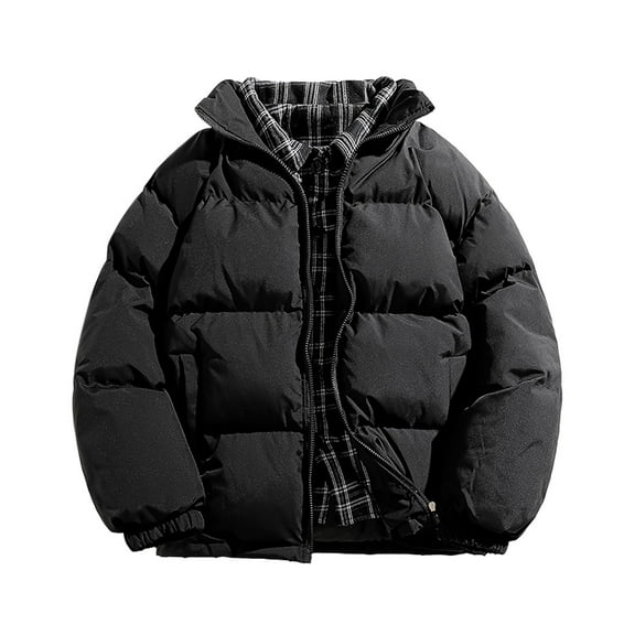 TFEOQRY Men's Short Padded Coats Jacket Solid Color Zipper Plaid Fabric Splicing Winter Thermal Cotton Jacket Long Sleeve Parkas Black