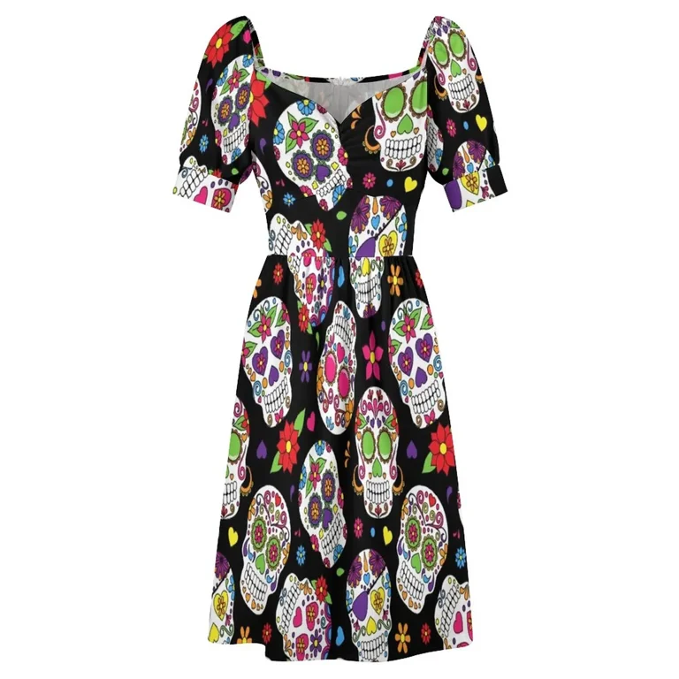 green emerald velvet dress Miss Lulo Women's Black and Orange A-Line Day of The Dead Dress, Large
