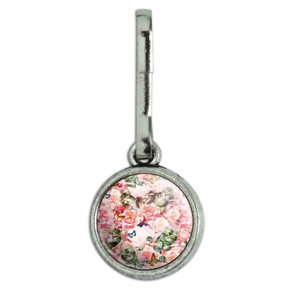 Kittens Cats Pink Flowers Butteflies Pattern Antiqued Charm Clothes Purse Suitcase Backpack Zipper Pull Aid