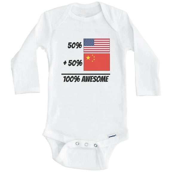 50% American Plus 50% Chinese Equals 100% Awesome Cute China Flag One Piece Baby Bodysuit (Long Sleeve), 0-3 Months White
