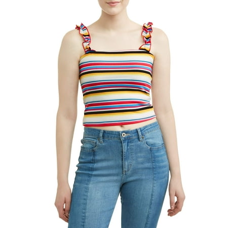 Juniors' Striped Ruffle Trim Rib Knit Tank
