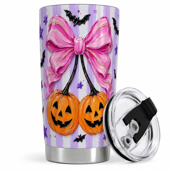 Pink Bow Pumpkin Ghost Tumbler, 20oz Insulated Drinkware for Halloween Fans Stainless steel insulated tumbler with lid, pink pumpkin ghost artwork for water, iced coffee, tea, or office
