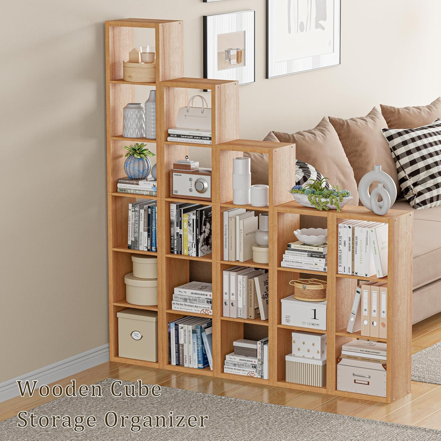 Anhdah 3 Cube Storage Organizer Bookshelf, Natural-Oak Wooden Bookcase Storage Shelf, Sturdy 3-Cube Organizer for Living Room, Bedroom, Home Office, Easy Assembly