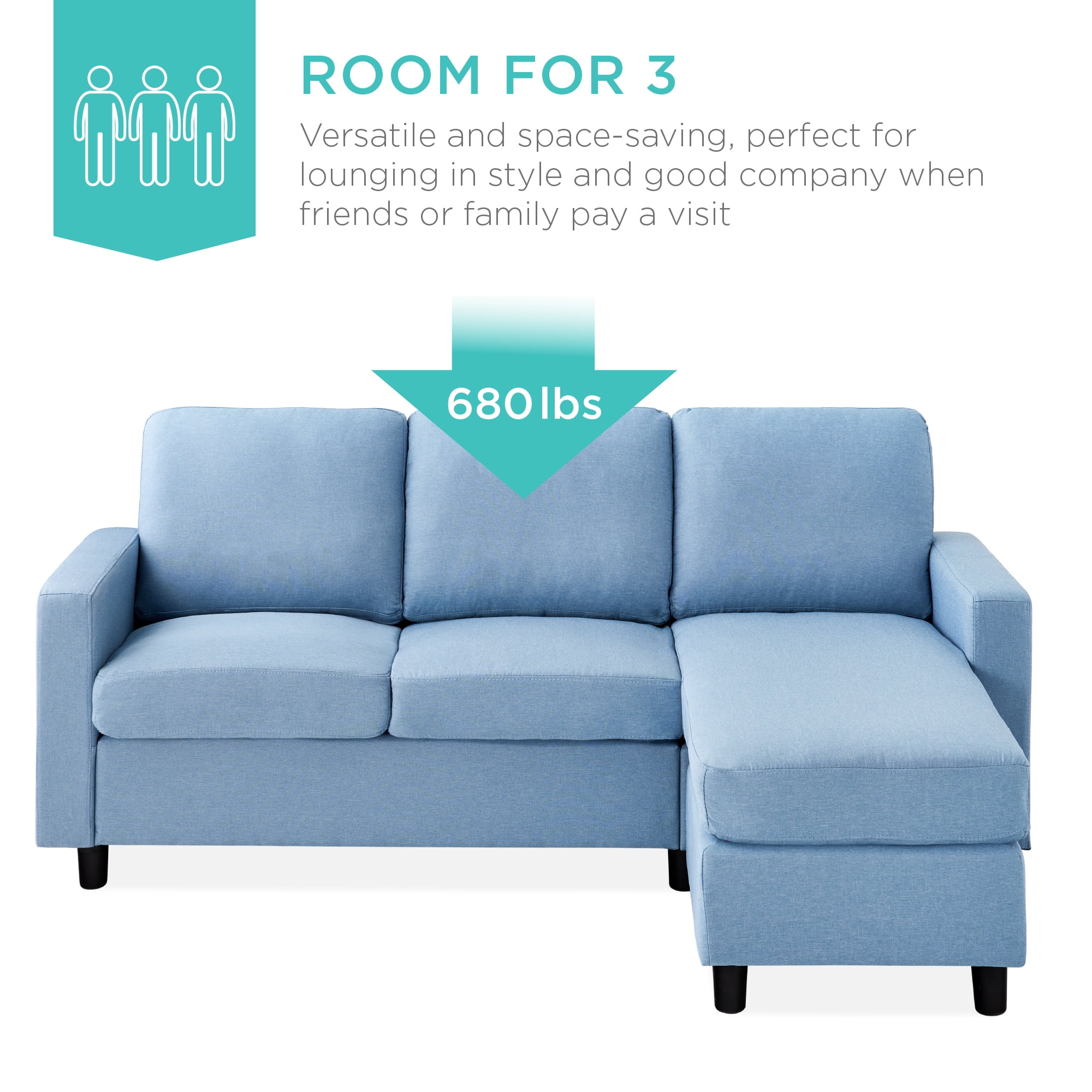 Best Choice Products Linen Sectional Sofa Couch w/ Chaise Lounge, Reversible Ottoman Bench - Light Blue