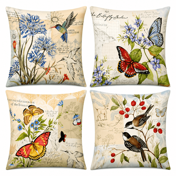 Set of 4 Farmhouse Pillow Covers Spring Summer Throw Pillow Covers Flower Butterfly Bird Decorative Pillowcases for Sofa Couch Living Room 18x18 inich