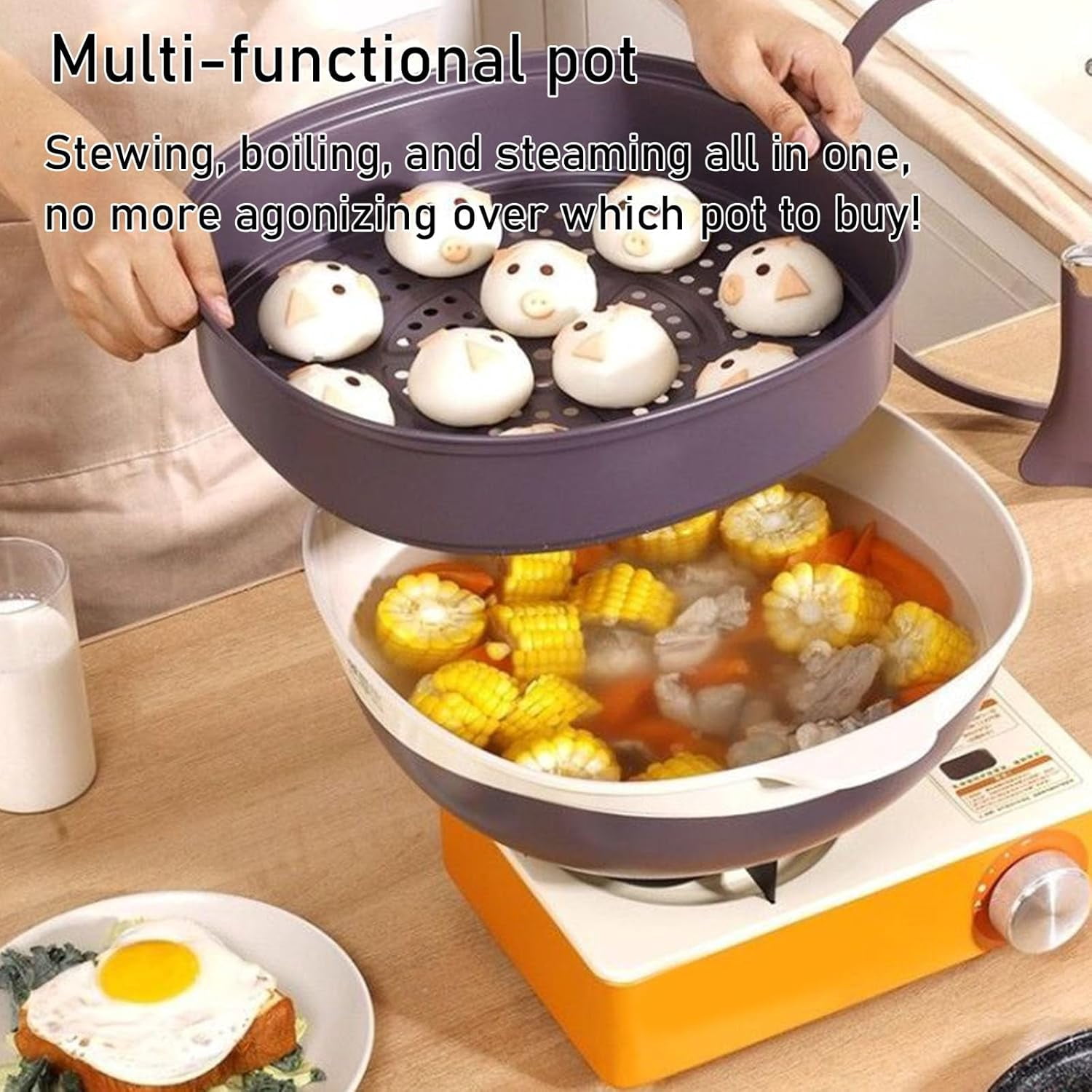12 In Titanium Alloy Non Stick Pot Sets, Multipurpose Deep Saute Titanium Frying Pan, Ergonomic Stay-Cool Handle, for Cooking Frying Stewing Induction & Gas Stove Compatible (Yellow)