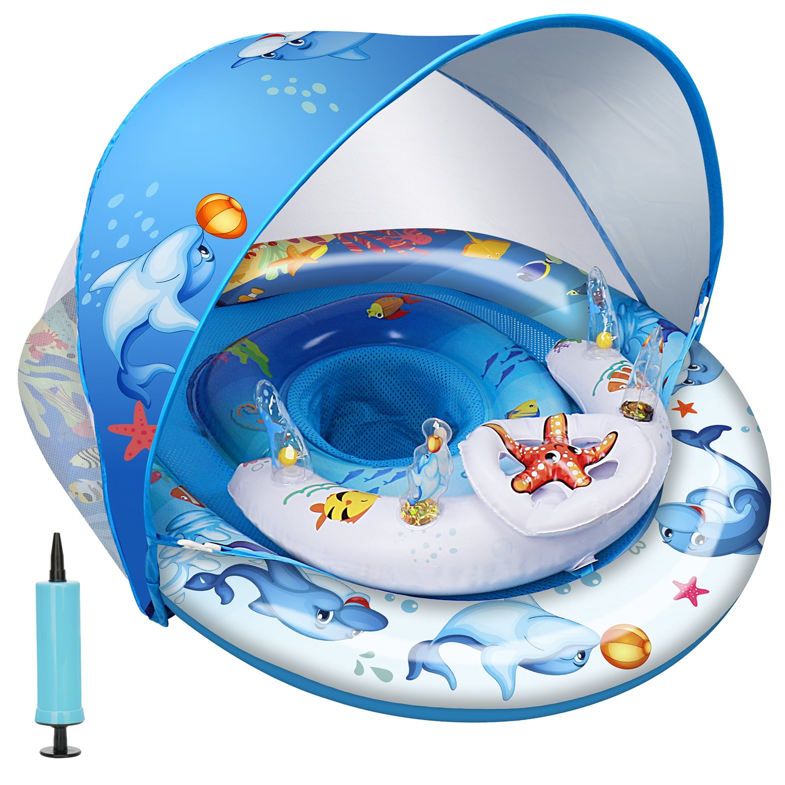 Baby Pool Float with Canopy UPF50+ Sun Canopy, Inflatable Kids Pool Floats, Anti-Flip Double Air Chambers, Infant Swimming Float with Adjustable Safety Seat for 6-36 Months Boys Girls.