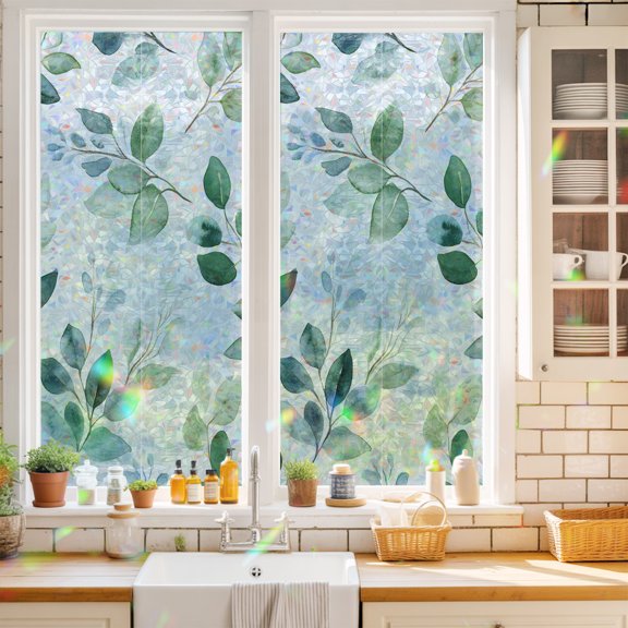 Green Eucalyptus Leaves on White Window Privacy Film,Decorative Windows Static Cling Spring Plant Watercolor Heat Control Removable Glass Sticker for Home Bathroom Bedroom Window Door,17.7x39.3in
