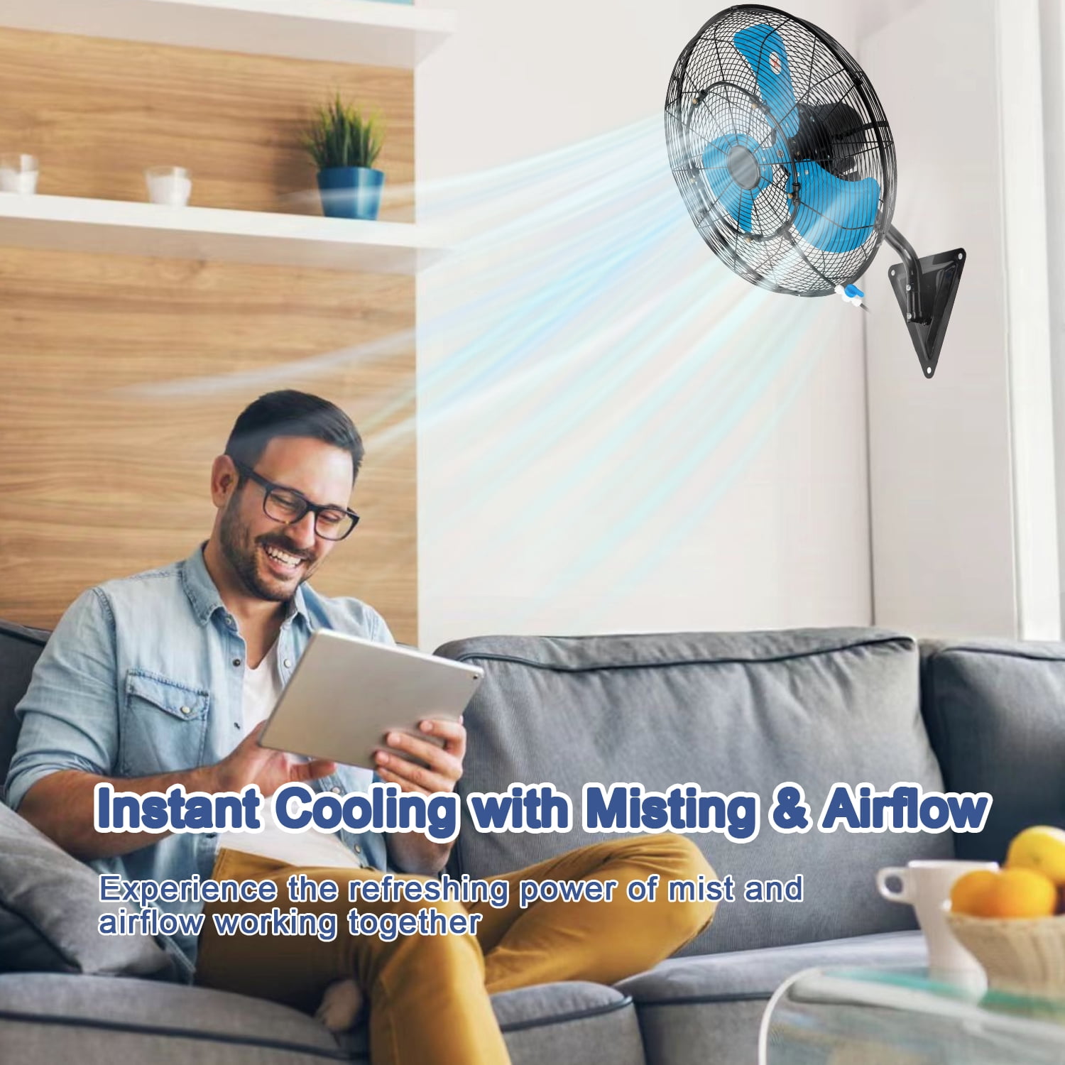 20in Wall Mount Fan with Misting, 3-Speed Industrial Wall Fan up to 7000CFM, 120°Oscillating High Airflow Cooling Fan for Garage,Home,Warehouse, Indoor/Outdoor Use, Blue