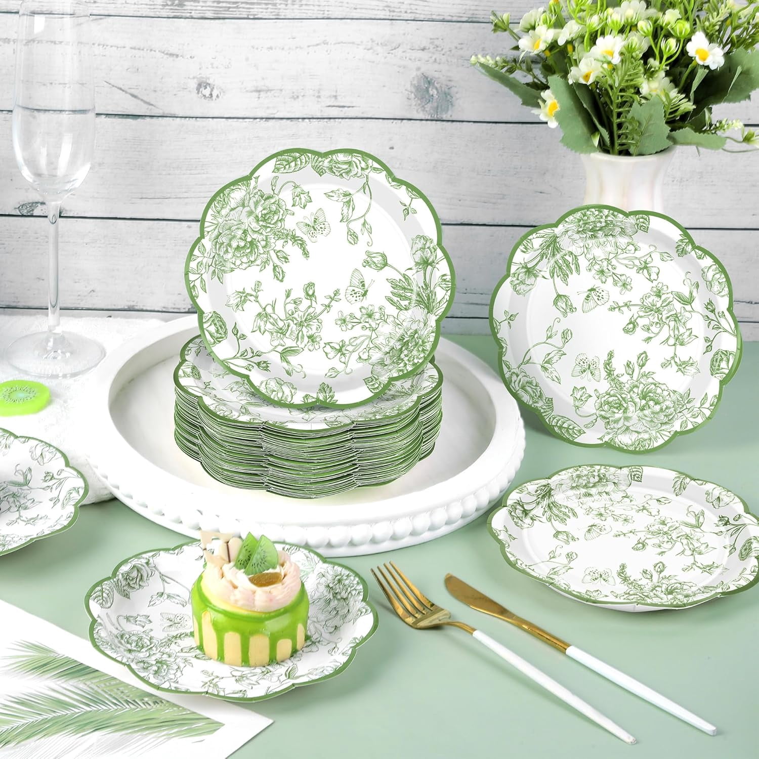 100 Pieces Sage Green Flower Paper Plates 7 Inches Disposable Floral Paper Plate Scalloped Sage Green Chinoiserie Vintage Flower Dessert Plates for Wedding Birthday Holiday Party Supplies