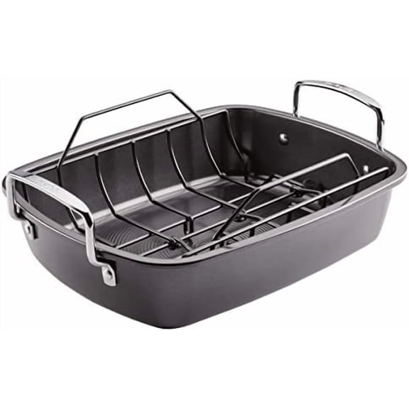Ultra Lasting Nonstick Roaster/Roasting Pan with Easy Serve Rack, 17 Inch x 13 Inch, Black